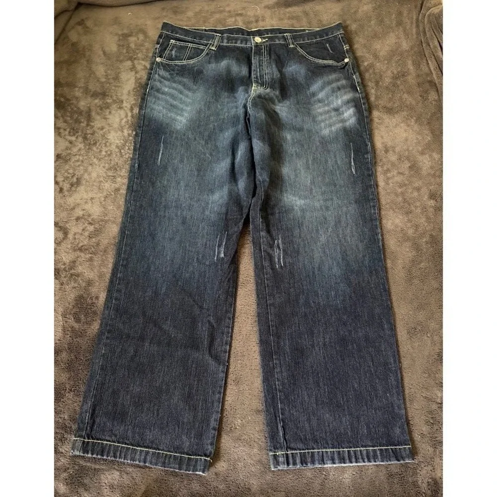 Miskeen Mens Blue Denim Wide Leg Jeans Dark Wash Distressed Size 44x33